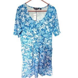 Lands End Womens Blue Floral Checker Dress Scoop neckline Back zipper closure M